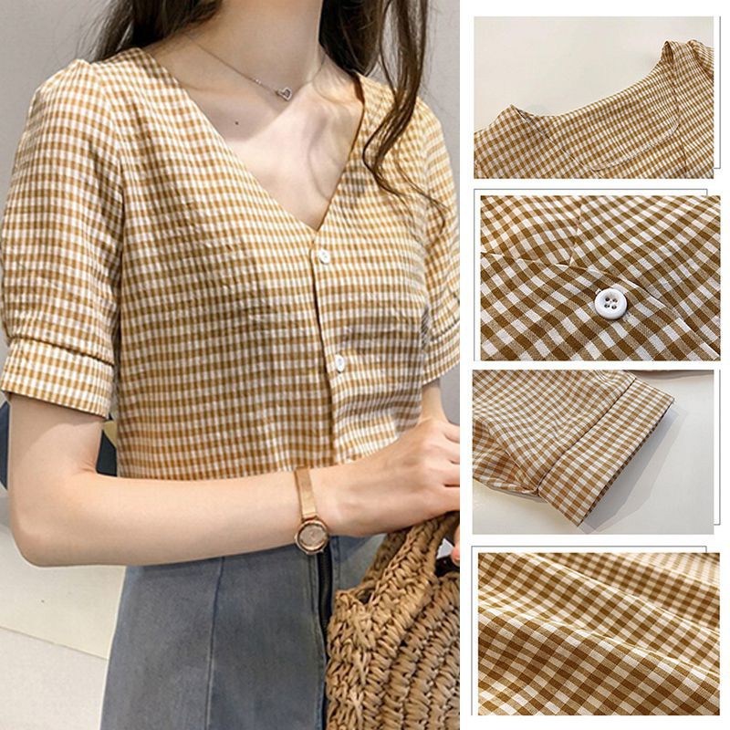 Áo sơ mi tay ngắn cổ V, họa tiết kẻ ca rô thanh lịch và duyên dáng cho nữ