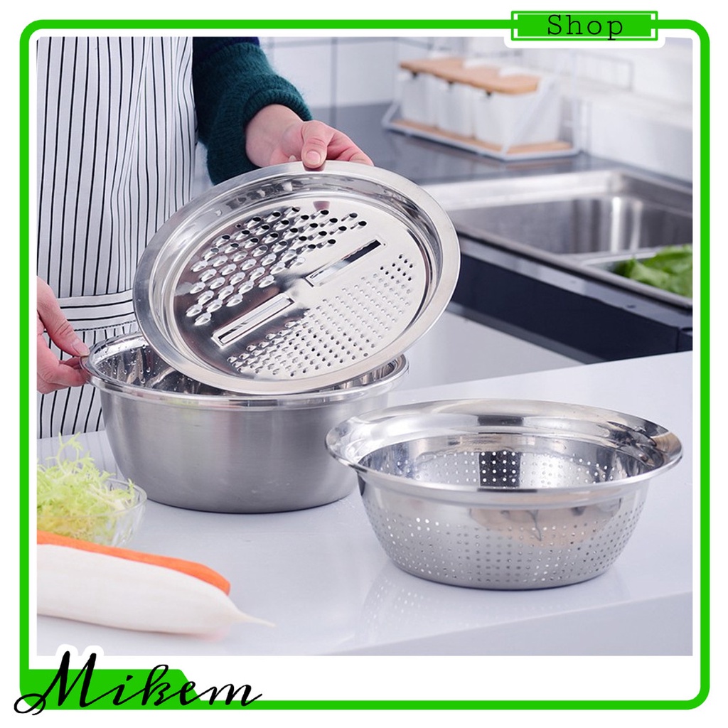 Bộ Thau Rổ bào inox tiện lợi 26 cm, Mâm nạo củ quả tiện lợi 3 trong 1/RỔ BÀO RAU CỦ INOX - BỘ THAU RỔ BÀO RAU CỦ INOX