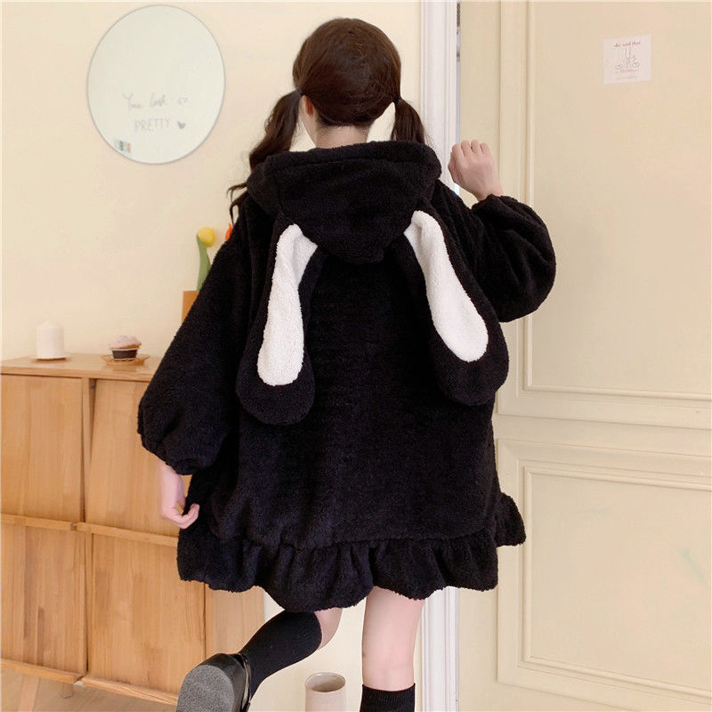 Áo khoác giả lông cừu mỏng dáng rộng có mũ tai thỏ phong cách Lolita