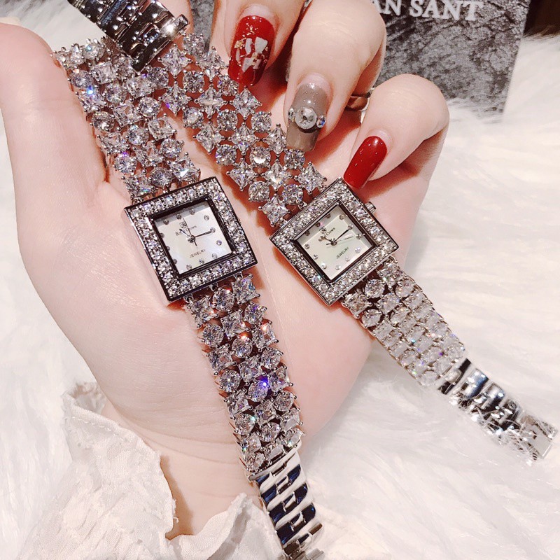 Đồng hồ nữ dây kim loại, đồng hồ đeo tay nữ mặt vuông ROYAL CROWN chính hãng Full box, đính kim cương nhân tạo siêu sang