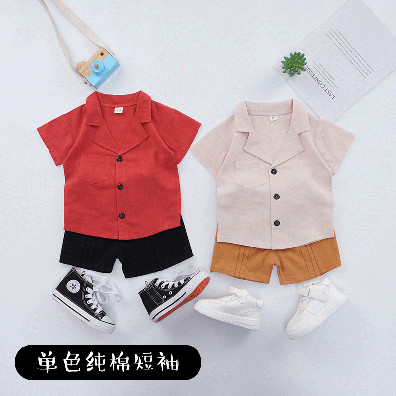 Bộ đồ hai mảnh gồm áo sơ mi tay ngắn và quần đùi vải cotton màu trơn thời trang Hàn Quốc cho bé trai và bé gái 1-6 tuổi