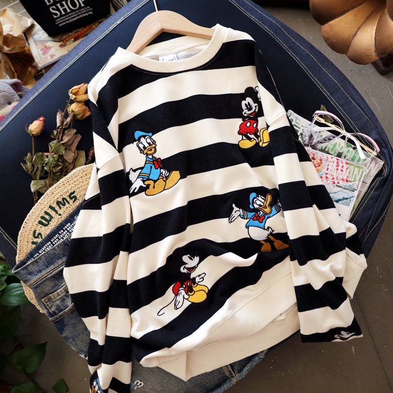 Áo Sweater Tay Dài Mỏng Thêu Họa Tiết Sọc Chuột Mickey Vịt Donald Thời Trang Xuân Thu Mới Cho Nữ