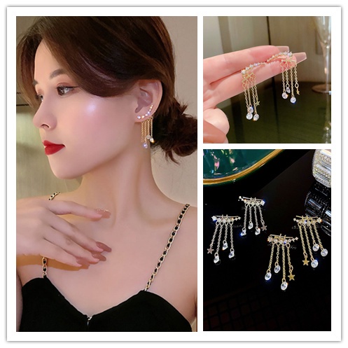 Bông Tai Dáng Dài Đính Đá Phối Tua Rua Phong Cách Hàn Quốc Thời Trang Dự Tiệc