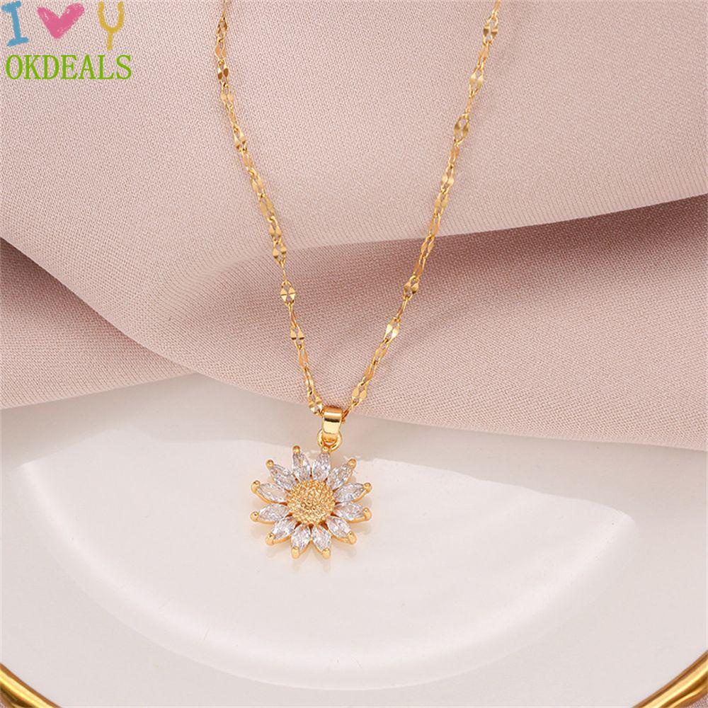 Vòng Cổ Choker Hình Hoa Hướng Dương Bằng Thép Titan Đính Đá Zircon Sang Trọng Phong Cách Boho Thời Trang|Mặt Dây Chuyền