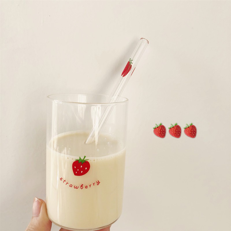 Cốc Ly Thủy Tinh Uống Nước Trà Sữa Trái Dâu Strawberry Đáng Yêu Cute Decor Trang Trí