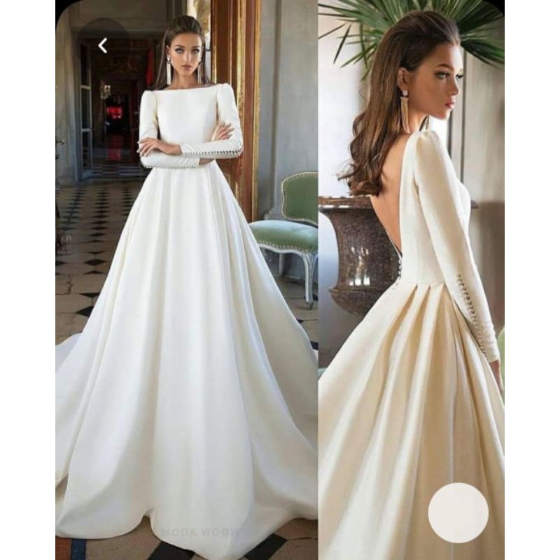 Váy cưới satin cô dâu tay dài hở lưng đính cúc bọc theo vải