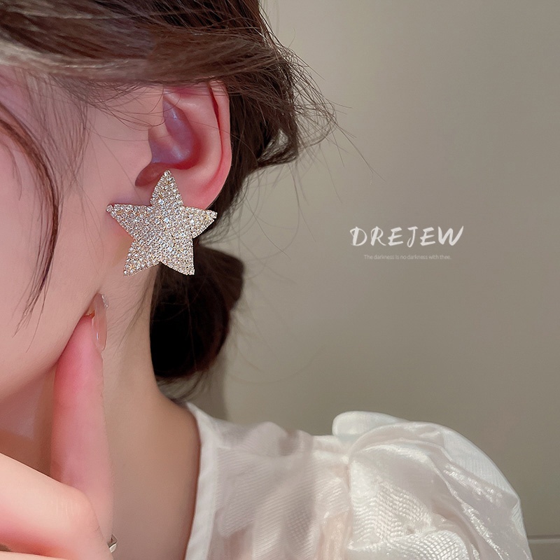 DREJEW Khuyên tai đính đá zircon kim cương dạng tròn kiểu ngôi sao ngọc trai thời trang cao cấp dành cho nữ