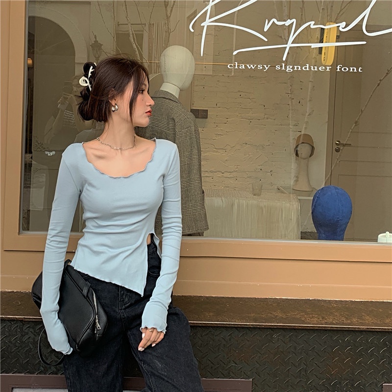 DUNEA Áo Thun Dệt Kim Tay Dài Co Giãn Tốt Thiết Kế Trẻ Trung Cho Nữ