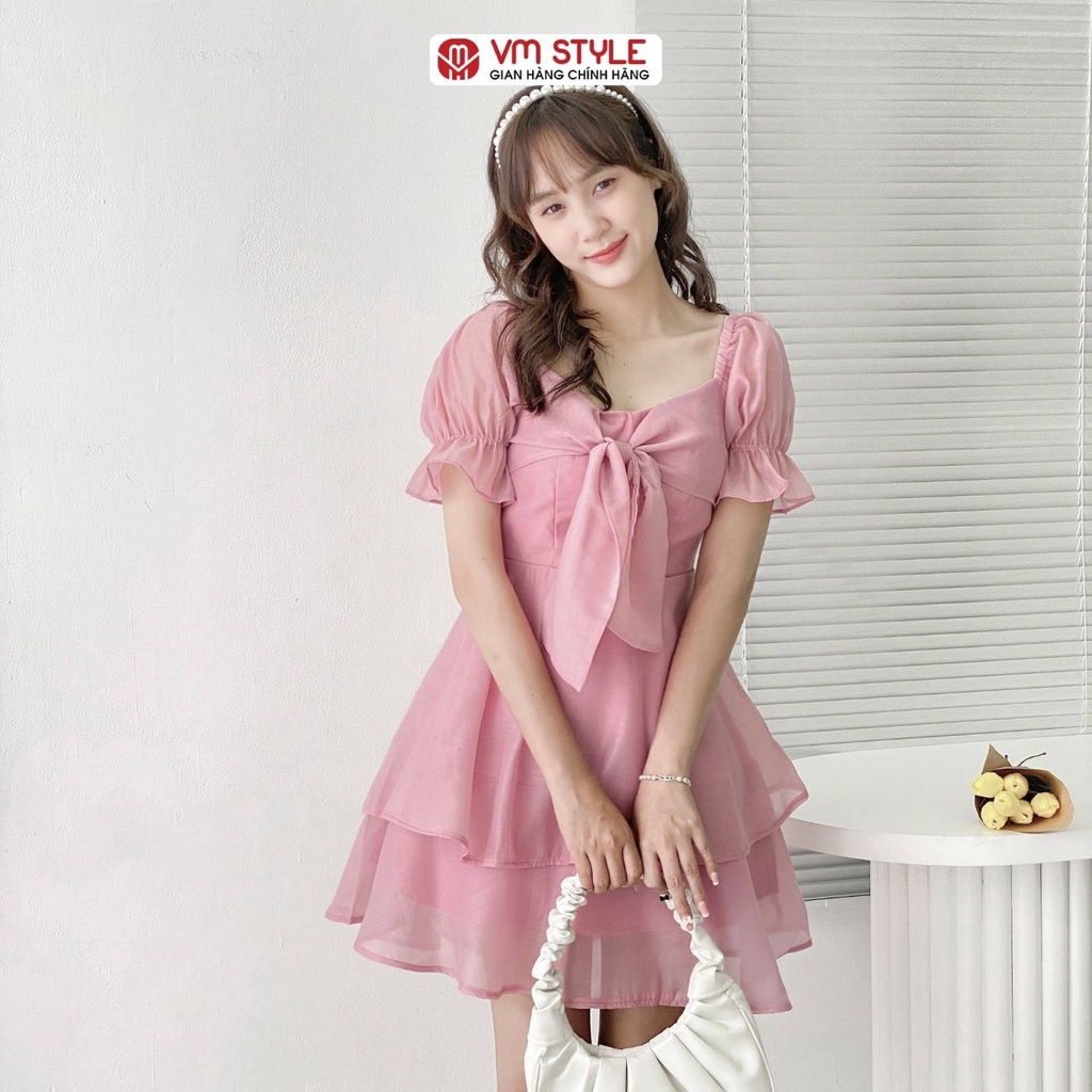 Đầm nữ voan VM STYLE xếp tầng nơ ngực tay phồng Y148 dạo phố thời trang ulzzang Hàn Quốc 22VD02Y012301