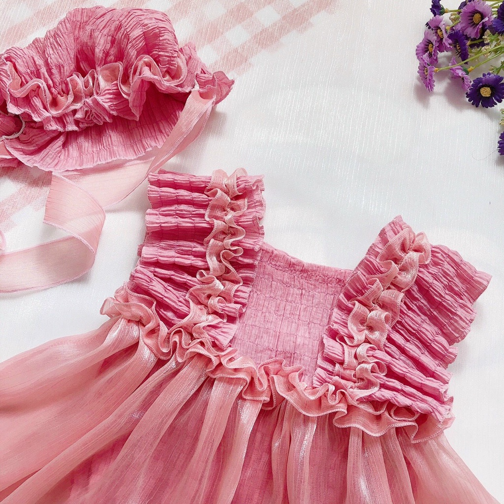 Body Cho Bé Gái  Kiểu Váy Nhún Bèo Kèm Mũ Cho Bé Từ Sơ Sinh Đến 3 Tuổi .