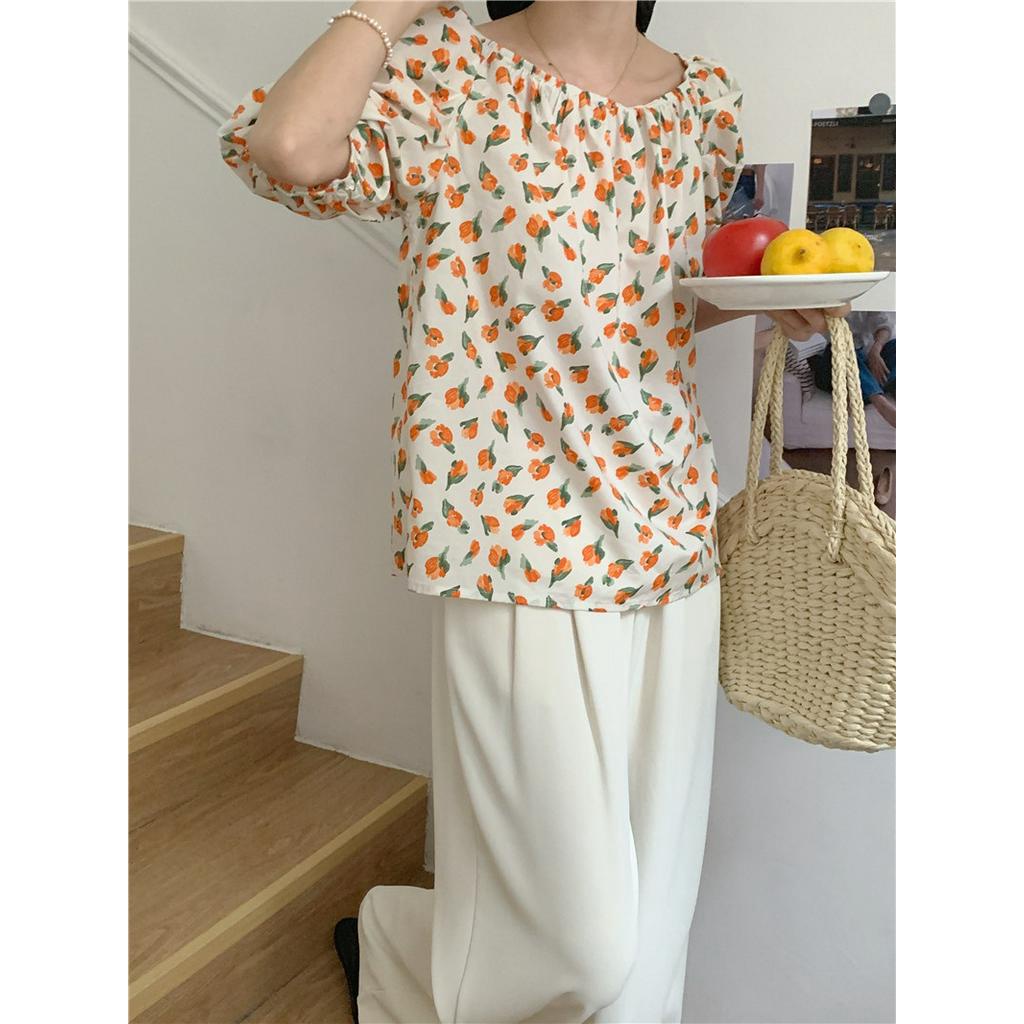 Áo Trễ Vai Tay Ngắn In Hoa Phong Cách Hàn Quốc Dễ Thương 52116