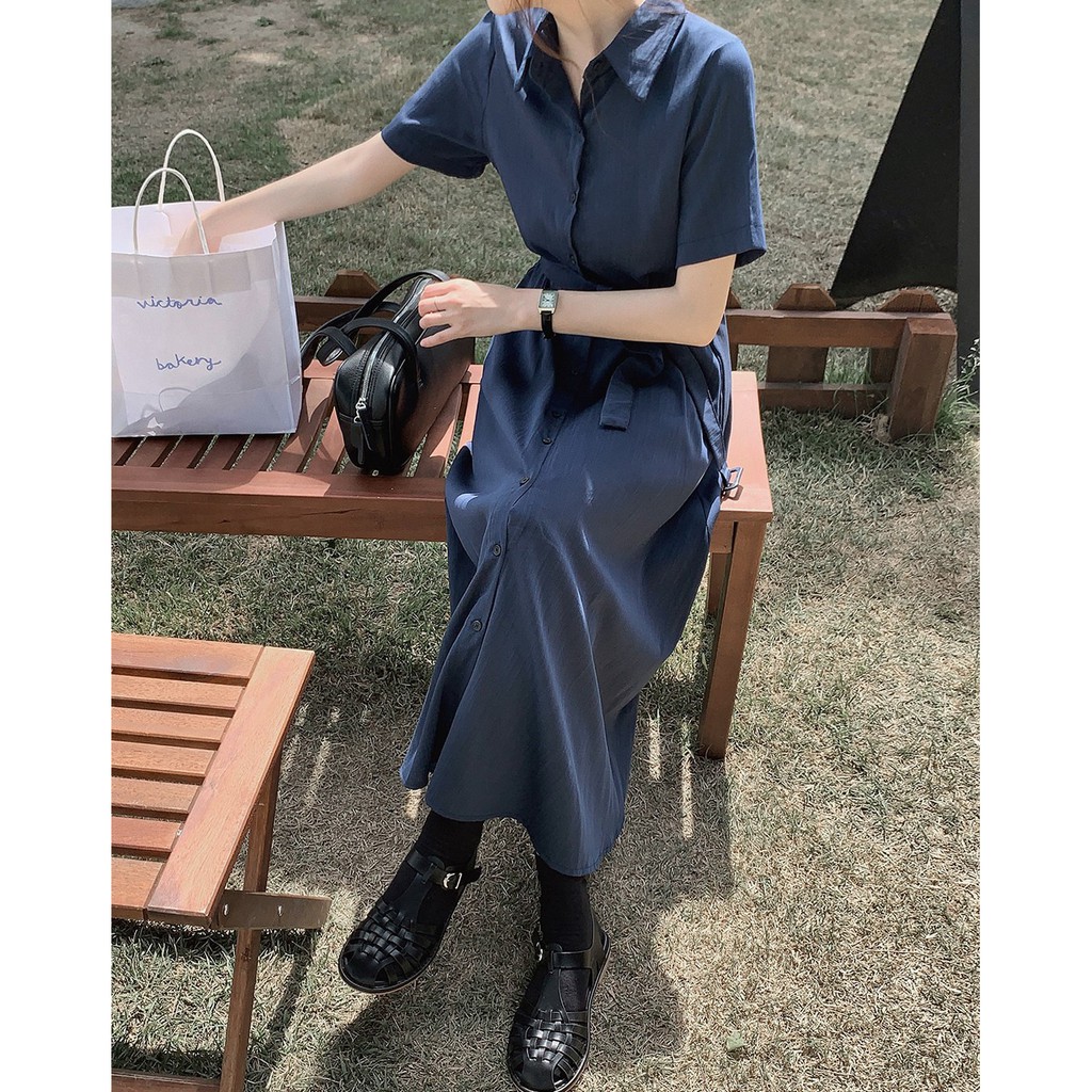 Đầm tay ngắn cổ bẻ thắt dây thời trang 43935