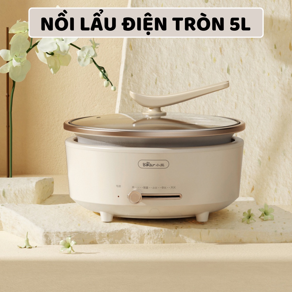 Nồi Lẩu Điện Tròn "BEAR" Đa Năng Chống Dính, Dung Tích 5L, Hiện Đại Chất Lượng Cao