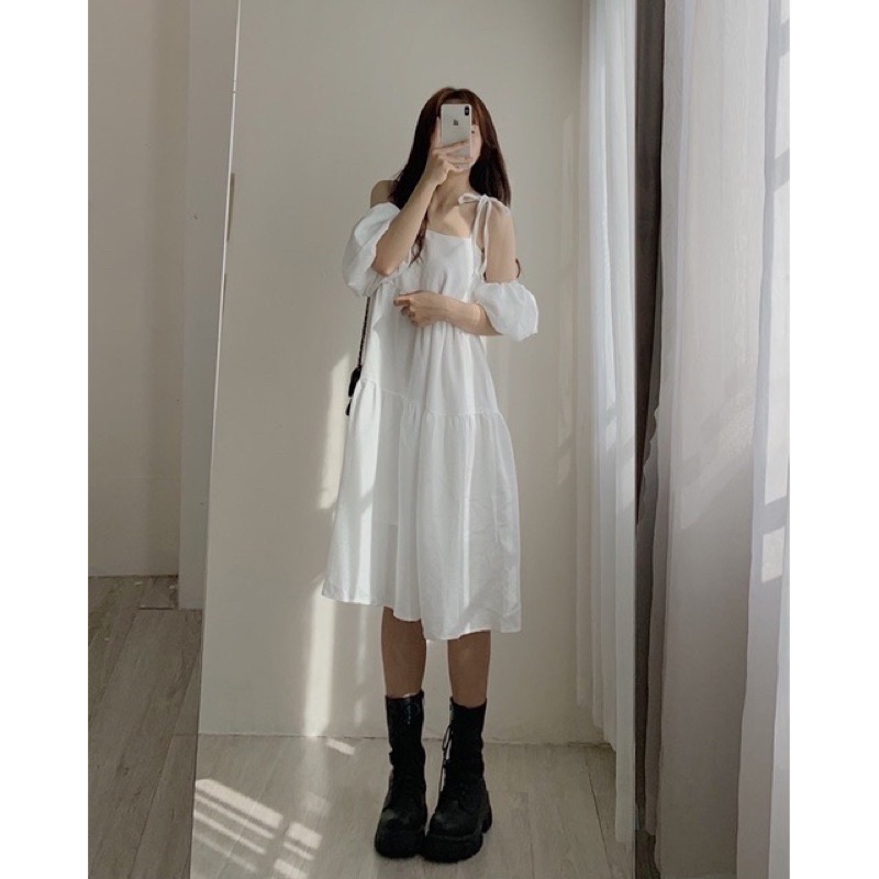 Váy 2 Dây Buộc Vai Kèm Ống Tay Tháo Rời Dáng Xoè Cực Xinh