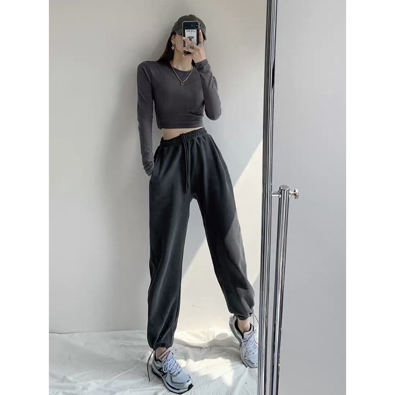 Quần jogger da cá rút dây, quần bom thụng ống rộng unisex cạp cao rút dây tự điều chỉnh