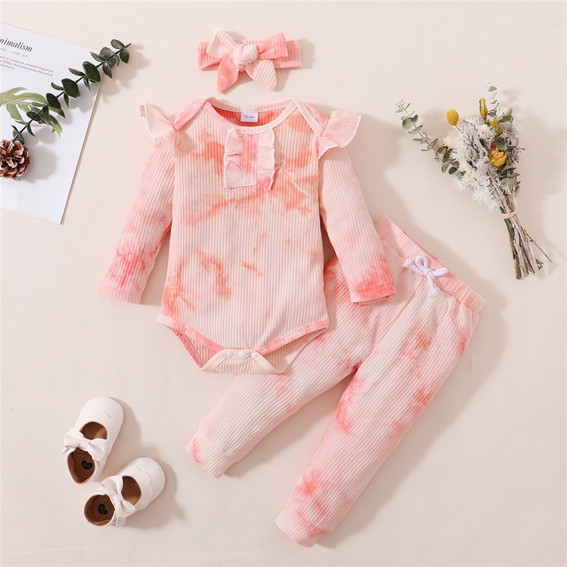 Set romper + quần + băng đô Mikrdoo tay dài màu trơn xinh xắn dành cho bé gái