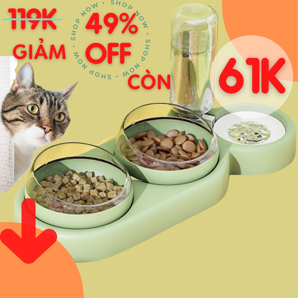 Bát ăn cho mèo, cho chó đơn đôi hai ba ngăn kèm bình nước tự động 500ml PetX