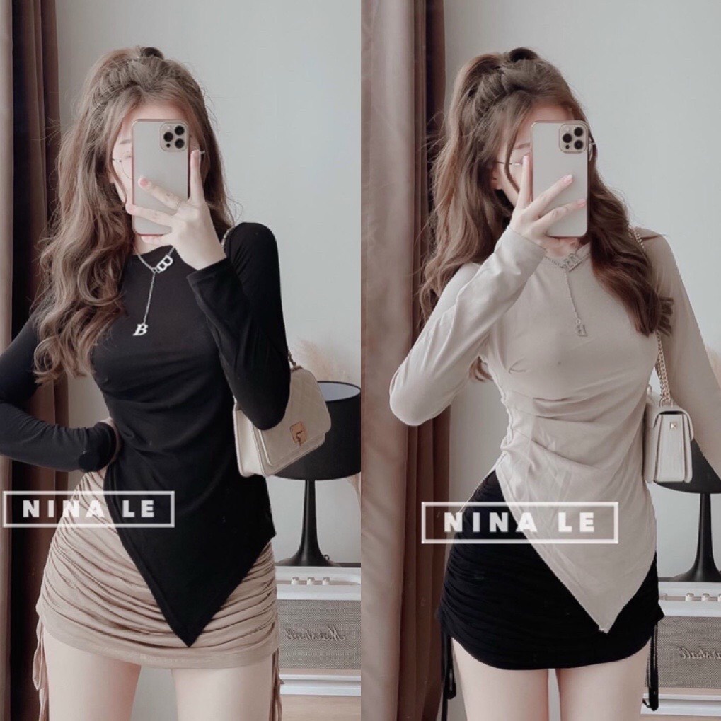 Set áo vạt chéo tay dài chân váy rút hông (có quần trong)