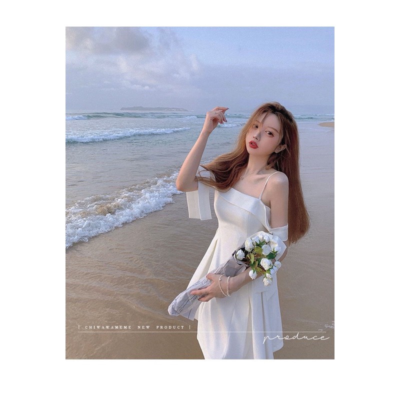 HÀNG SẴN🎀Váy hai dây trễ vai basic đính nơ xoè phong cách Hàn Quốc/ Đầm ulzzang trắng dự tiệc dễ thương nhẹ nhàng
