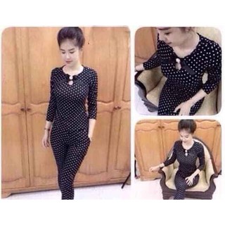 Đồ bộ nữ 💖FREESHIP💖 Set đồ bộ thun, quần lửng áo dài tay, họa tiết chấm bi, cổ giọt lệ đính nơ siêu xinh cho nữ