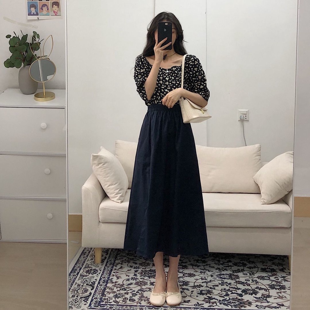 Set áo sơ mi in hoa + chân váy lưng cao xẻ tà thời trang mùa hè cho nữ