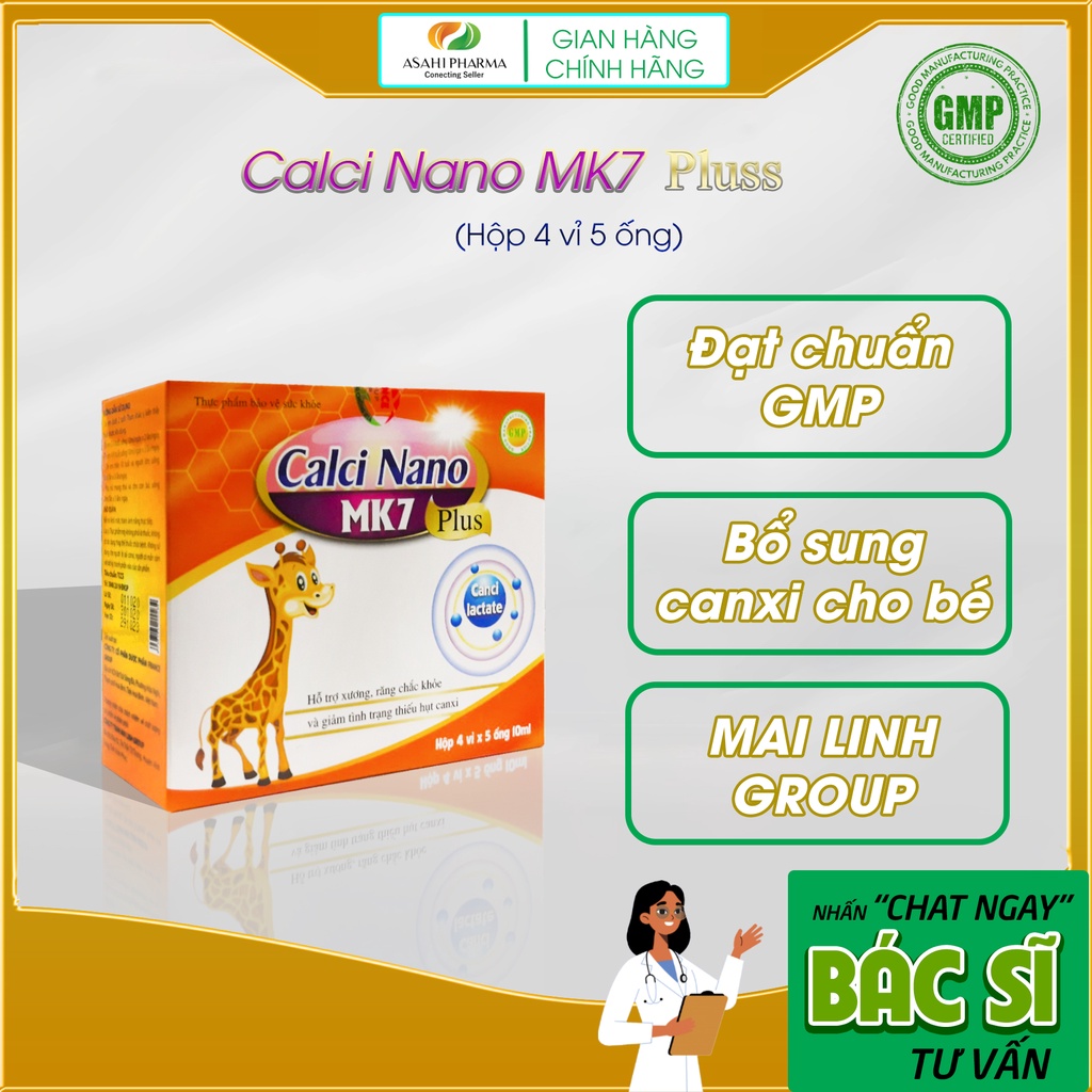 Calci Nano MK7 Plus - Bổ sung canxi cho bé, hỗ trợ xương, răng chắc khoẻ và giảm thiếu hụt canxi (Hộp 20 ống 10ml)