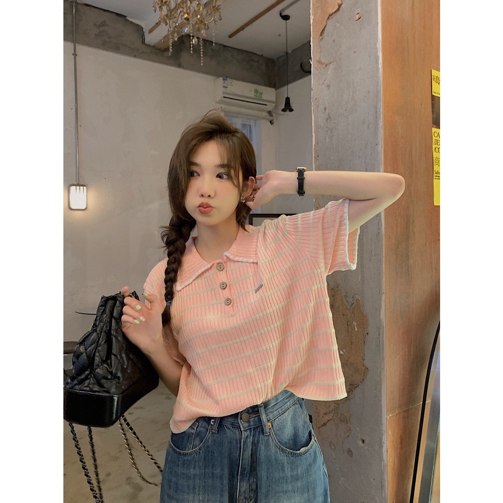 Xiaozhainv Áo polo Tay Ngắn Dáng Rộng Họa Tiết Kẻ Sọc Thời Trang Mùa Hè Phong Cách Hàn Quốc Cho Nữ