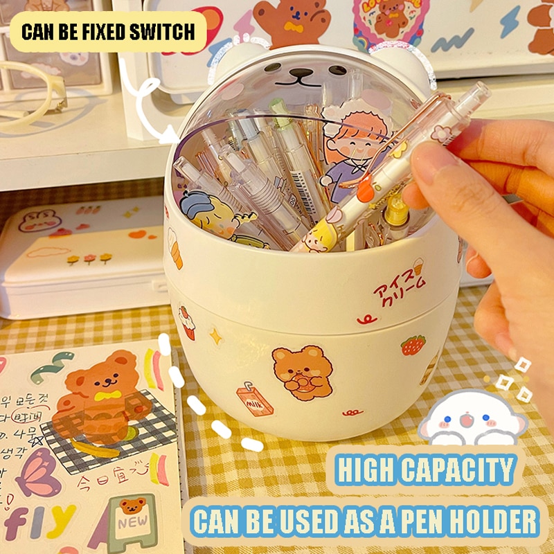 Thùng rác để bàn có nắp mini, hình chú gấu xinh xắn tặng kèm sticker cute dễ thương