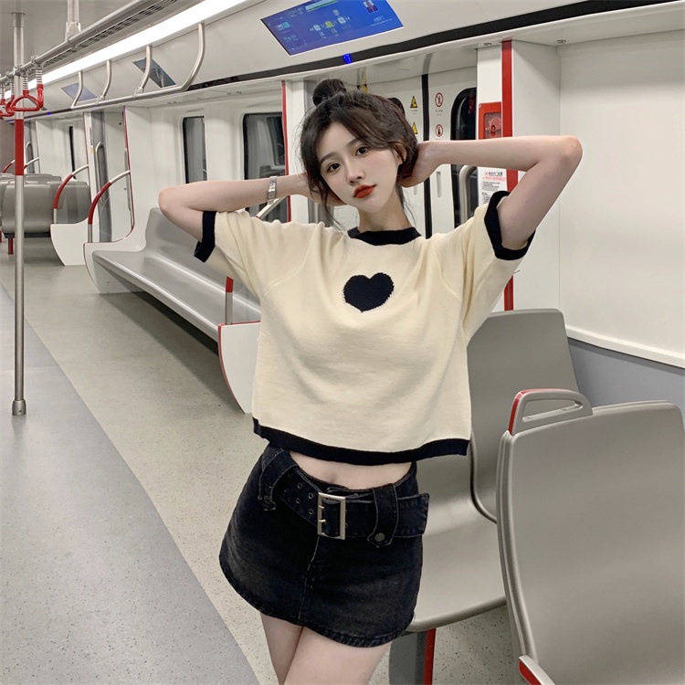 NZN Áo thun crop top tay ngắn in họa tiết trái tim phong cách Hàn Quốc dễ thương dành cho nữ
