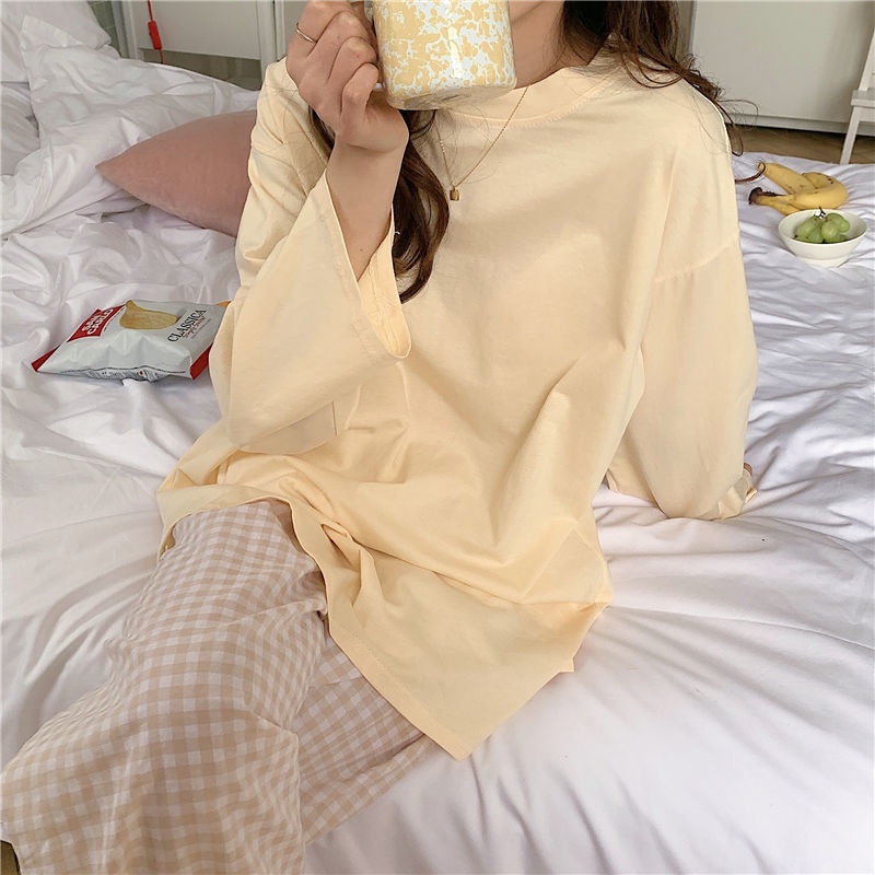 Bộ đồ ngủ áo sơ mi tay dài màu sắc đơn giản phong cách Hàn Quốc