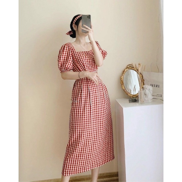 Đầm midi caro đỏ vintage nơ eo ❤️❤️💯