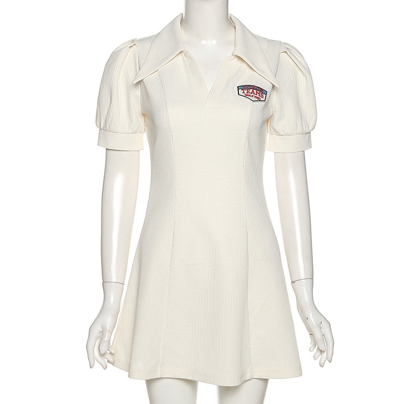 DUNEA Đầm Tay Ngắn Phồng Cổ Bẻ In Chữ Thời Trang Đường Phố Cho Nữ