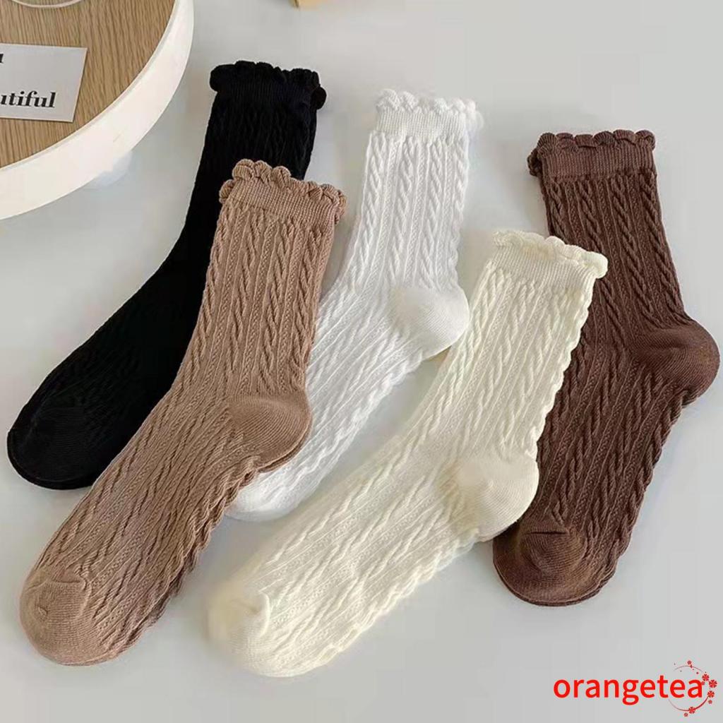 ORT-Vớ cotton ống vừa màu nâu trơn phối ren thời trang thu đông cho nữ