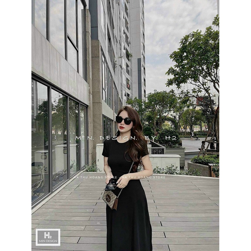 Đầm Váy Maxi Xẻ Tà Dáng Suông Dài Màu Đen Huyền Bí, Váy Thun Gân Hè Cộc Tay Dáng Dài Sẻ Gấu Basic