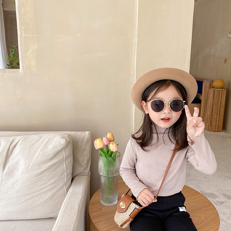 Áo Ren Cổ Cao Tay Dài Mềm Mại Phong Cách Hàn Quốc Cho Bé Gái