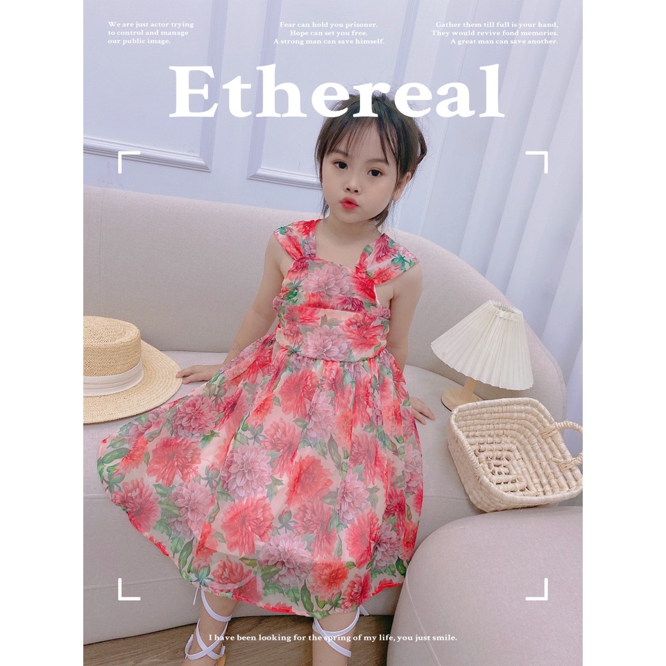 Đầm hoa nhí công chúa bé gái, váy tơ nhún xếp tầng ngực tiểu thư 2 lớp cho bé