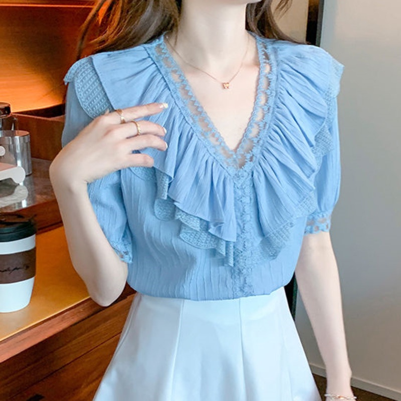 Áo Sơ Mi Ngắn Tay Cổ Chữ v Phối Ren Xinh Xắn Thời Trang 164158 Áo Sơ Mi Phối Bèo Dáng Ôm Phong Cách Hàn Quốc Dễ Phối Đồ Thời Trang