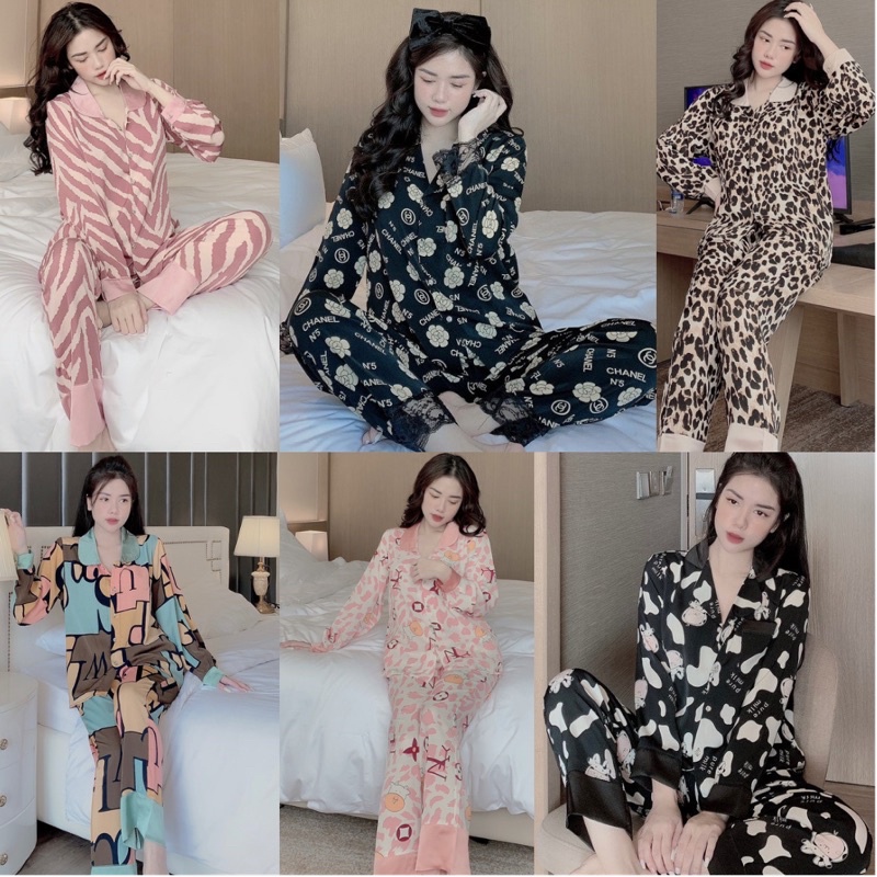 Bộ Pijama, Đồ bộ mặc nhà dài tay cổ tiểu thư cao cấp lụa satin mềm mịn, mát mẻ lịch sự sang trọng