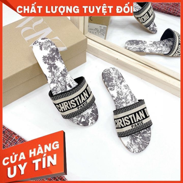 Dép dior Thổ Cẩm Quai Ngang Thời Trang, Nữ Tính Mũi Tròn Quai Ngang 2 Màu