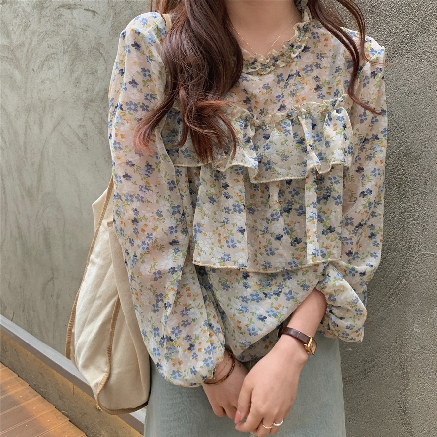 Áo Voan Dài Tay In Hoa Với Thiết Kế Dáng Rộng Xinh Xắn Theo Phong Cách Hàn Quốc | BigBuy360 - bigbuy360.vn