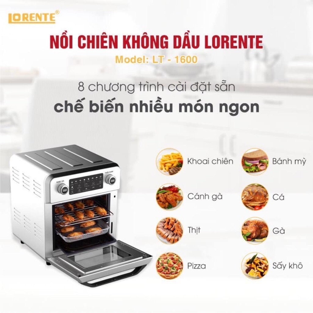 Nồi Chiên Không Dầu 16L Lorente LT 1600 - Điều Khiển Cảm Ứng - 8 Chế Độ Cài Đặt Sẵn