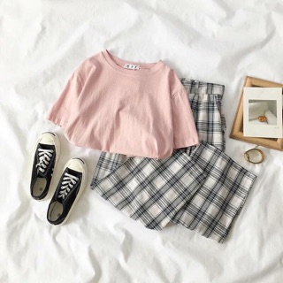 🌻Set áo thun hồng + Quần caro🌻