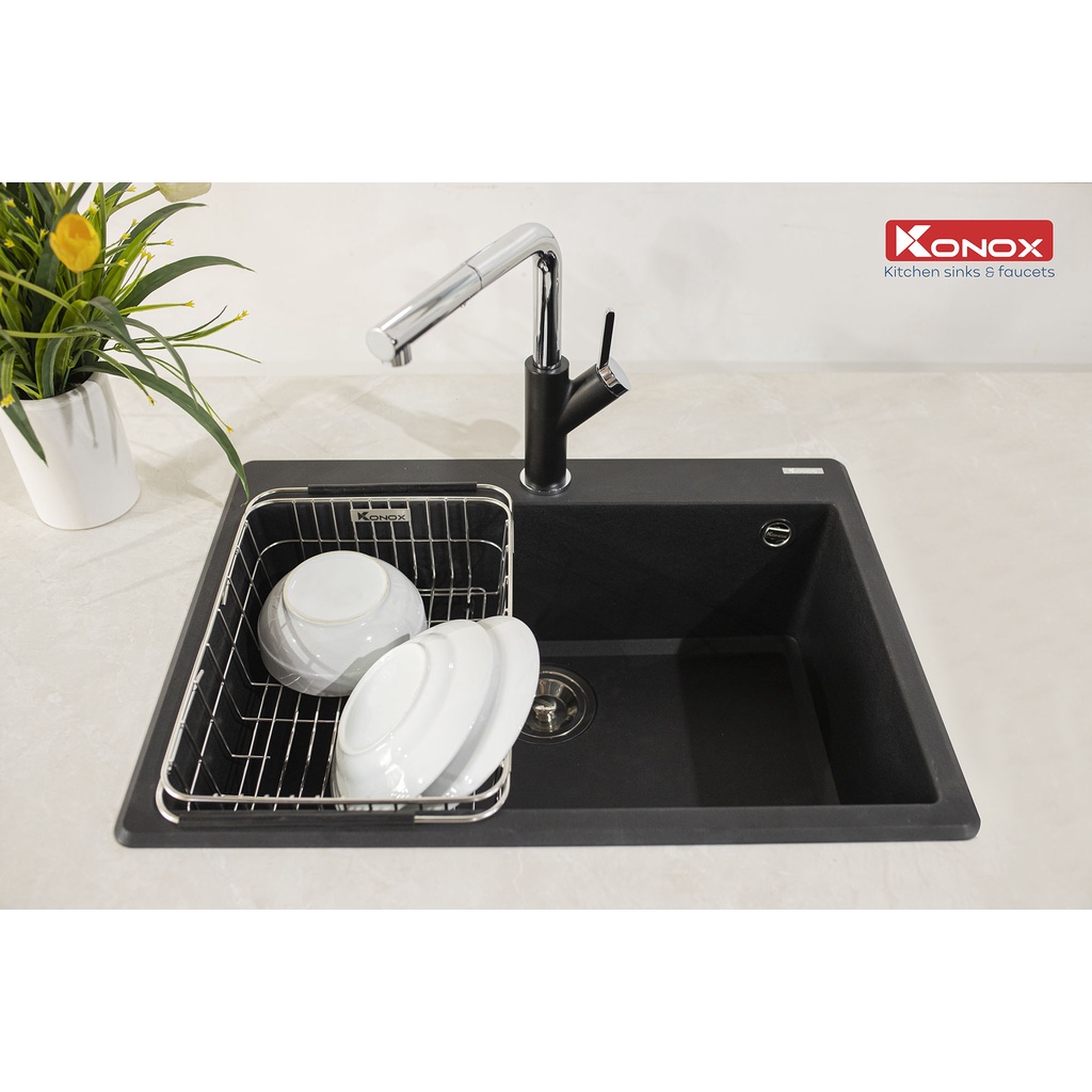 Chậu rửa bát đá KONOX Granite Series Ruvita 680 Black, Made in Italy, Full set gồm Siphon + Giá úp bát inox