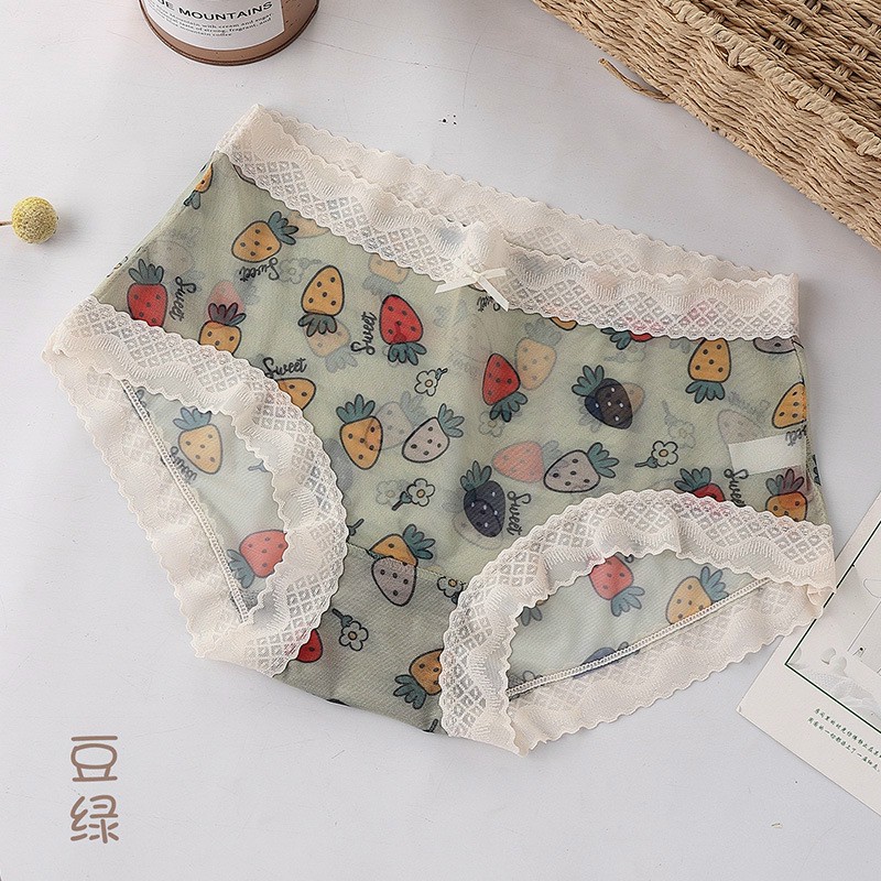 Quần Lót Lụa Viền Ren Phối Hoạ Tiết Hình Hoa Quả Cute