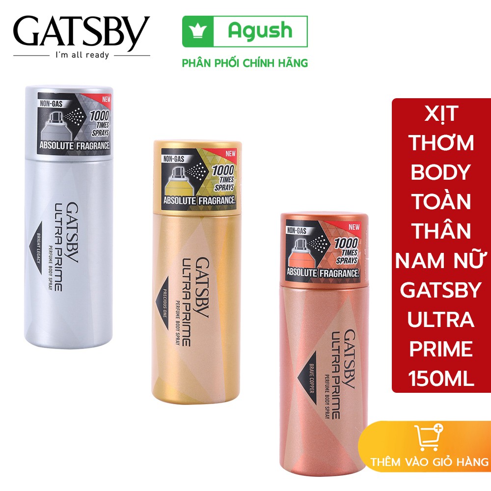 Xịt thơm body toàn thân Gatsby Ultra Prime Perfume Body Spray 150ml thơm sang trọng không gas xịt được 1000 lần