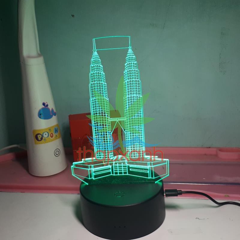 Đèn ngủ, Đèn trang trí Led 3D, Đèn ngủ 16 màu mini có điều khiển Tòa Tháp Đôi