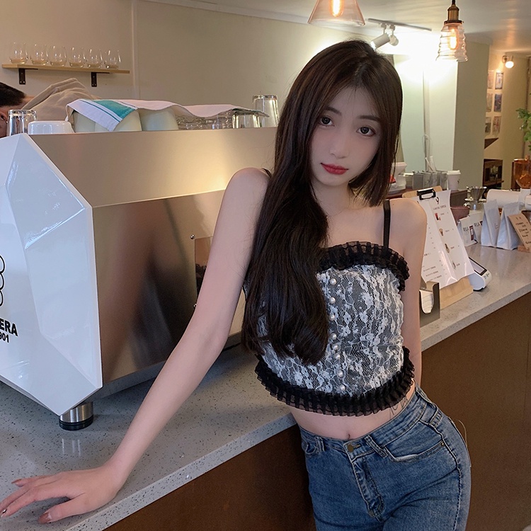 Áo kiểu ZHELIHANGFEI hai dây nhún bèo phối ren phong cách mới quyến rũ thời trang dành cho nữ