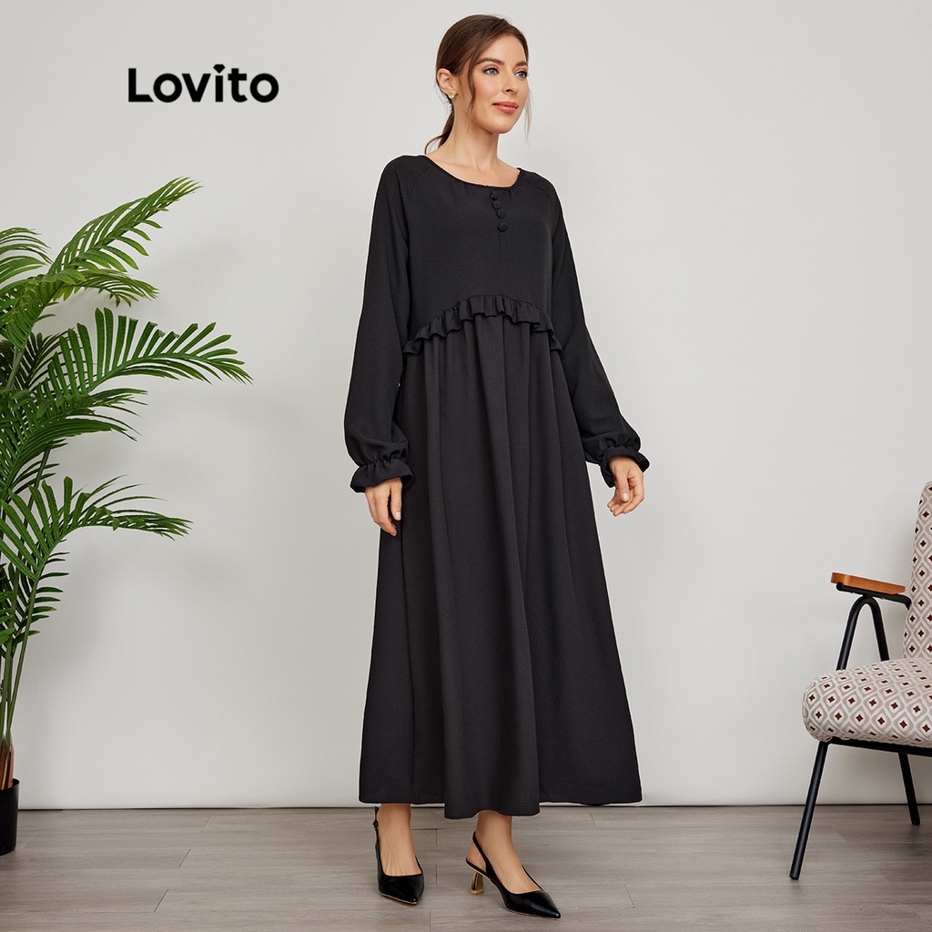 Lovito Đầm có nút xếp nếp trơn vừa phải L24ED132 (Đen)