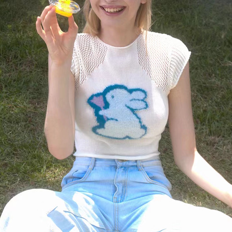 ☒❒☞Áo Dệt Kim In Hình Thỏ Và Hoa Phong Cách Retro Mỹ Thời Trang Mùa Hè 2022 Cho Nữ