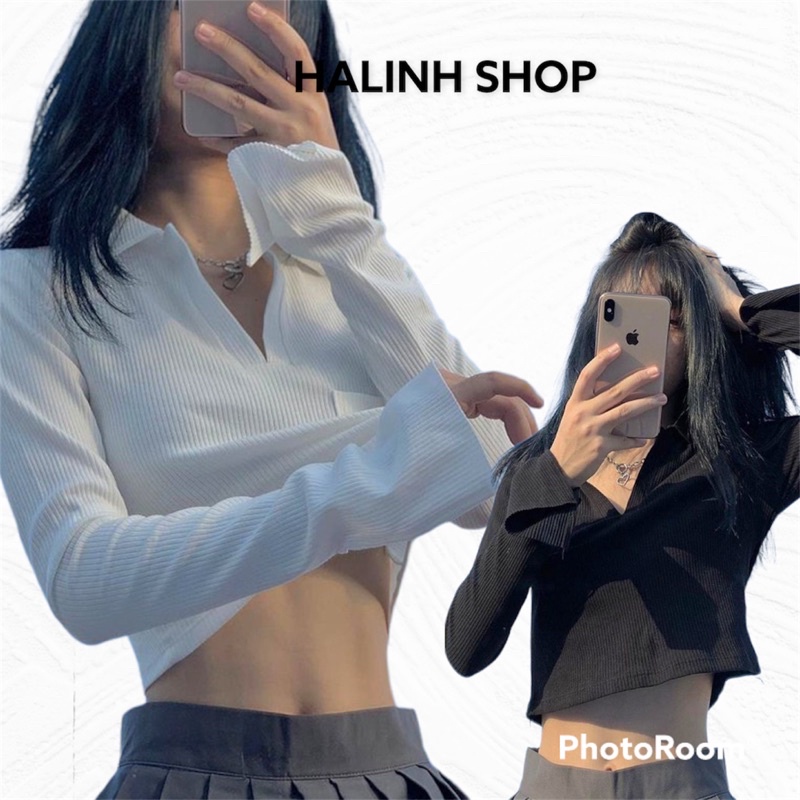 Áo croptop polo túi ngực chât liệu vải tăm gân size s m mặc hè thu-Halinh-Shop